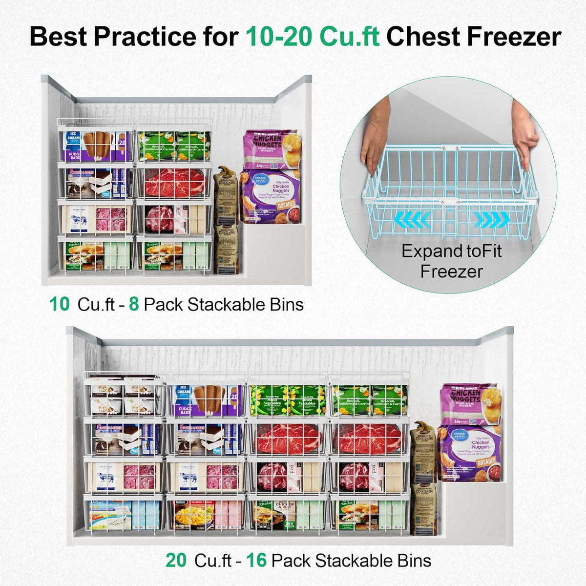 Deep Freezer Organizer Bins - Stackable Freezer Organizer Bins | 4 Pack For 10 to 20 Cu. Ft Chest Freezers, Wire Baskets for Frozen Food, Easy Food Access and Restocking, Black