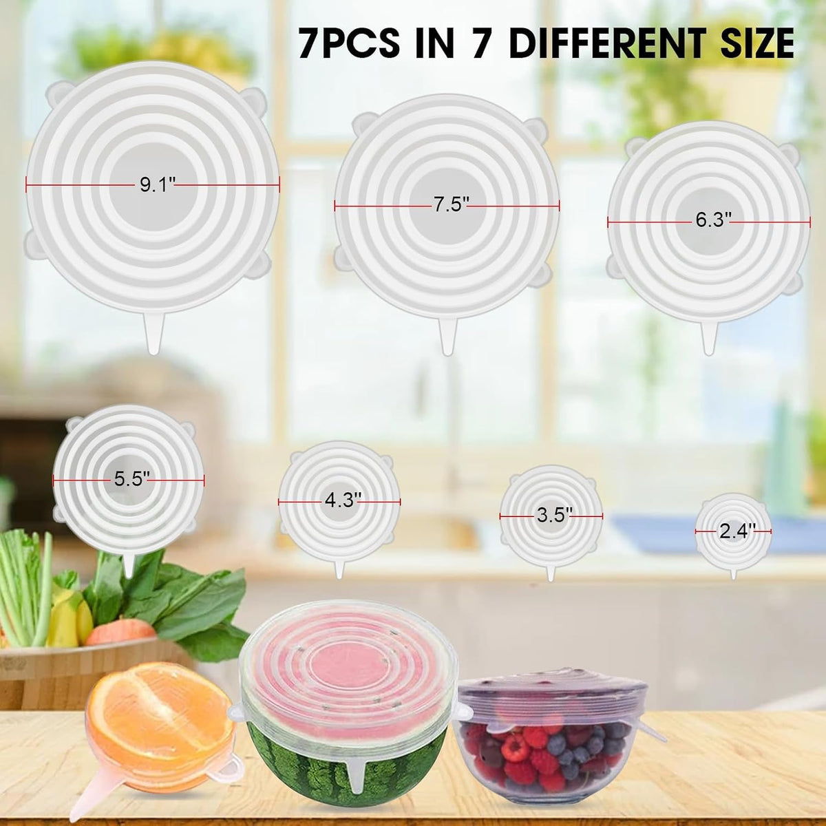 Reusable Silicone Stretch Lids for Food Storage – Elastic Bowl Covers Fit Round & Rectangle Containers, Jars, Cups – Heat-Resistant, Dishwasher Safe, Premium Kitchen Gadgets (7-Piece Set)