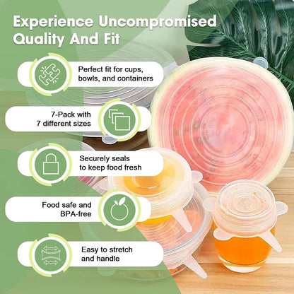 Reusable Silicone Stretch Lids for Food Storage – Elastic Bowl Covers Fit Round & Rectangle Containers, Jars, Cups – Heat-Resistant, Dishwasher Safe, Premium Kitchen Gadgets (7-Piece Set)