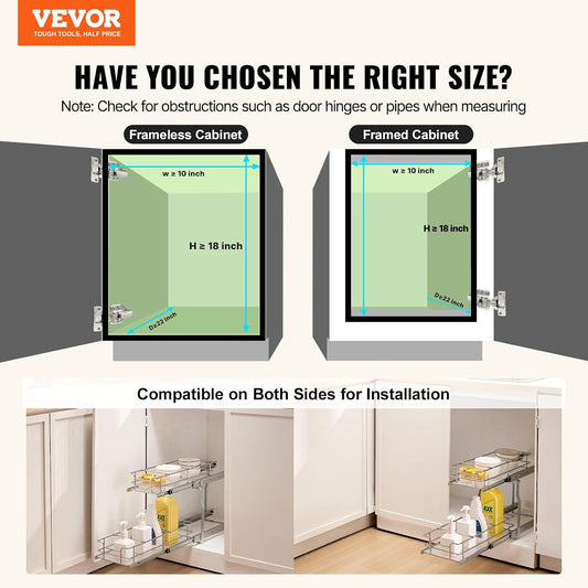 Pull Out Cabinet Organizer, 14" Wx21.2 Dx15.2 H Heavy 2 Tier Duty Slide Out Pantry Shelves, Chrome-Plated Steel Roll Out Drawer for Under Sink, 15.5" Wx22.5 Dx19 H Install Size for Cabinet