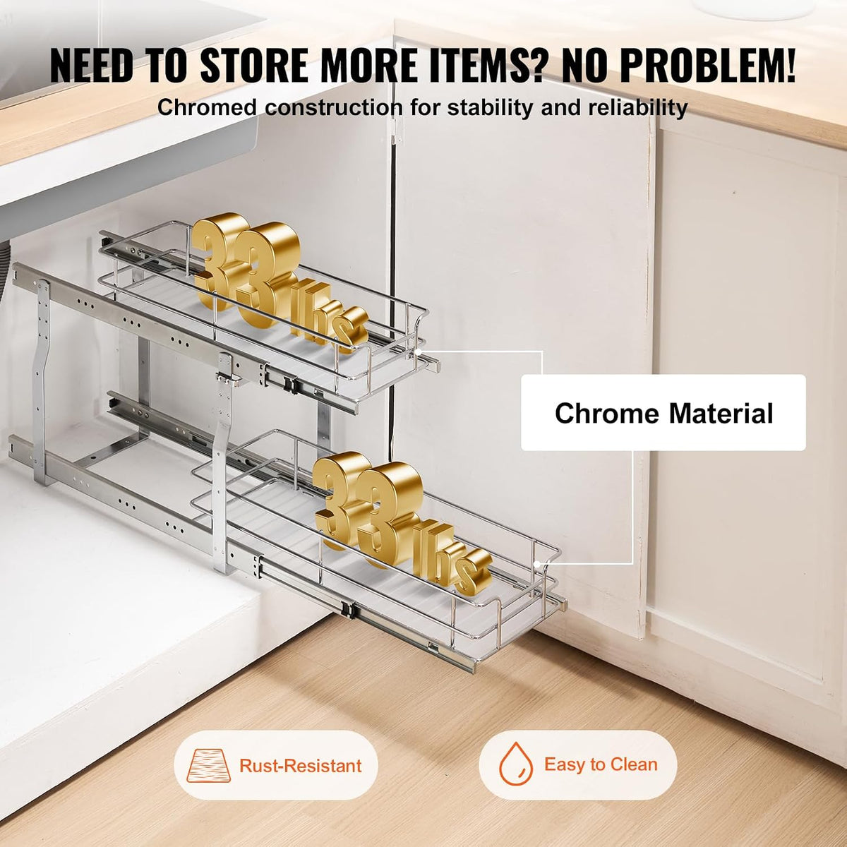 Pull Out Cabinet Organizer, 14" Wx21.2 Dx15.2 H Heavy 2 Tier Duty Slide Out Pantry Shelves, Chrome-Plated Steel Roll Out Drawer for Under Sink, 15.5" Wx22.5 Dx19 H Install Size for Cabinet