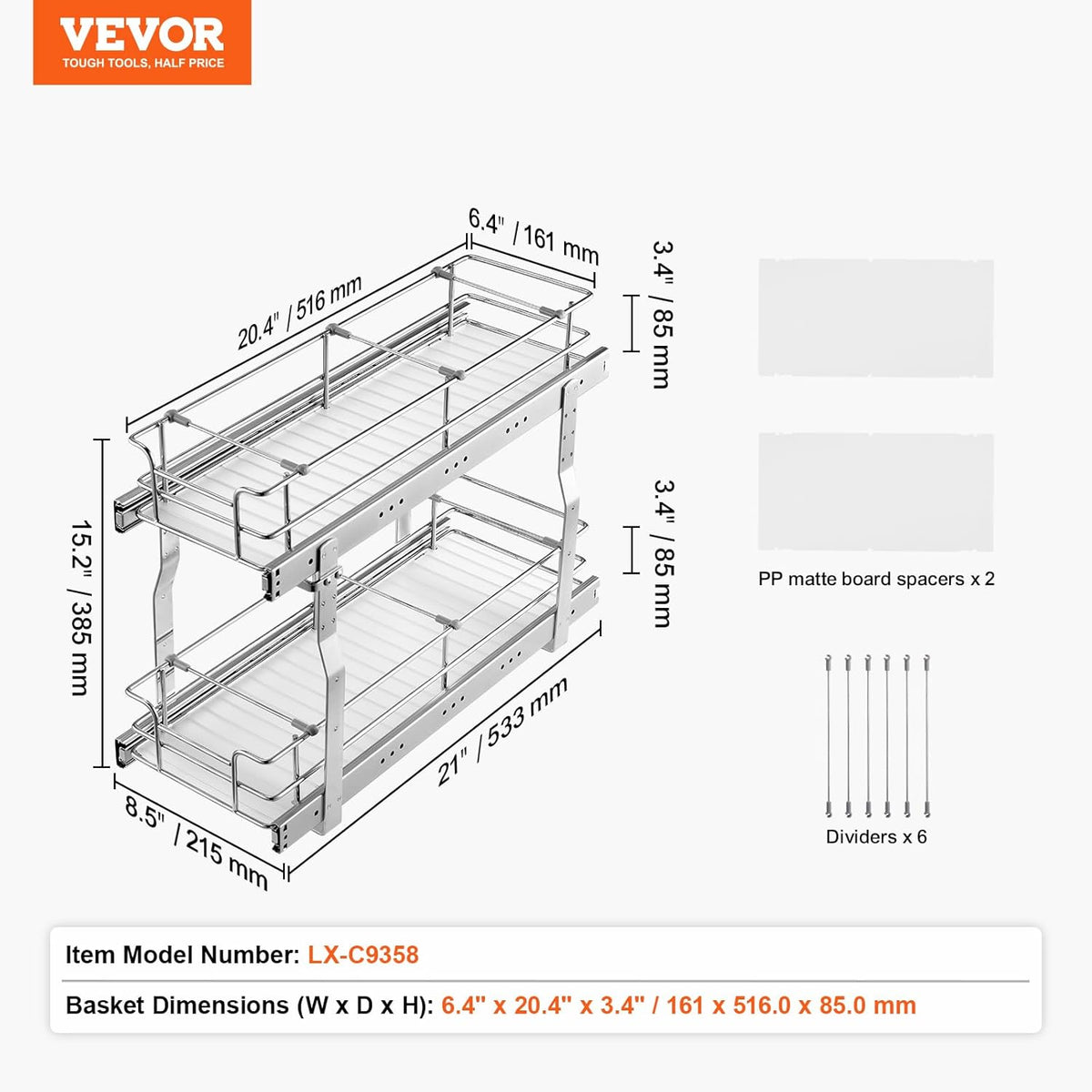 Pull Out Cabinet Organizer, 14" Wx21.2 Dx15.2 H Heavy 2 Tier Duty Slide Out Pantry Shelves, Chrome-Plated Steel Roll Out Drawer for Under Sink, 15.5" Wx22.5 Dx19 H Install Size for Cabinet