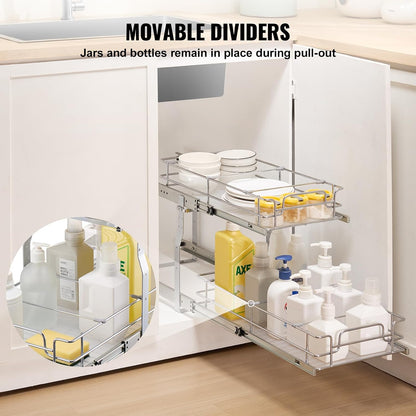 Pull Out Cabinet Organizer, 14" Wx21.2 Dx15.2 H Heavy 2 Tier Duty Slide Out Pantry Shelves, Chrome-Plated Steel Roll Out Drawer for Under Sink, 15.5" Wx22.5 Dx19 H Install Size for Cabinet