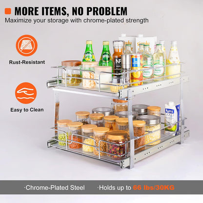 Pull Out Cabinet Organizer, 14" Wx21.2 Dx15.2 H Heavy 2 Tier Duty Slide Out Pantry Shelves, Chrome-Plated Steel Roll Out Drawer for Under Sink, 15.5" Wx22.5 Dx19 H Install Size for Cabinet