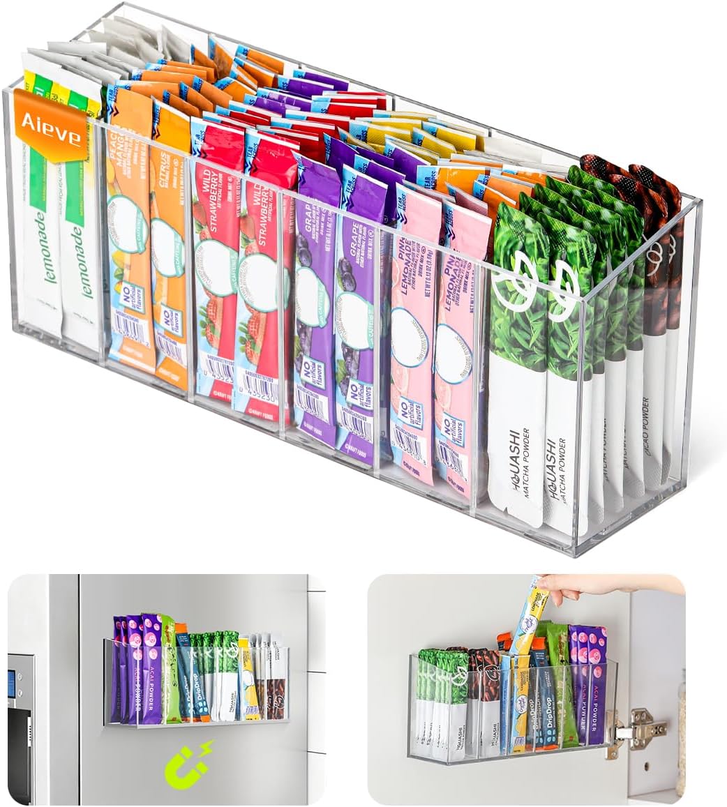 Drink Packet Organizer, Mountable Water Packet Organization Holder with Adhesive & Magnetic Sticker, Pantry Organizers Kitchen Storage for Countertop Table Fridge Cabinet