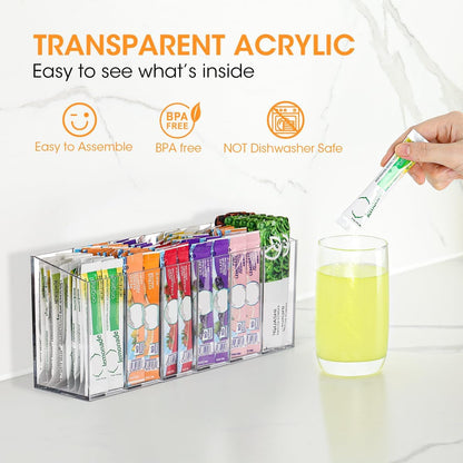 Drink Packet Organizer, Mountable Water Packet Organization Holder with Adhesive & Magnetic Sticker, Pantry Organizers Kitchen Storage for Countertop Table Fridge Cabinet