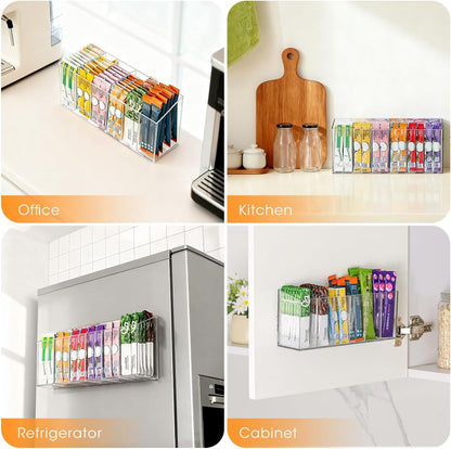 Drink Packet Organizer, Mountable Water Packet Organization Holder with Adhesive & Magnetic Sticker, Pantry Organizers Kitchen Storage for Countertop Table Fridge Cabinet