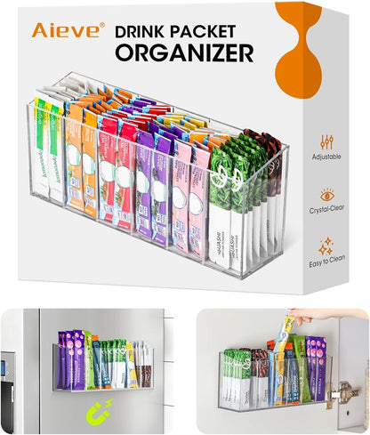 Drink Packet Organizer, Mountable Water Packet Organization Holder with Adhesive & Magnetic Sticker, Pantry Organizers Kitchen Storage for Countertop Table Fridge Cabinet