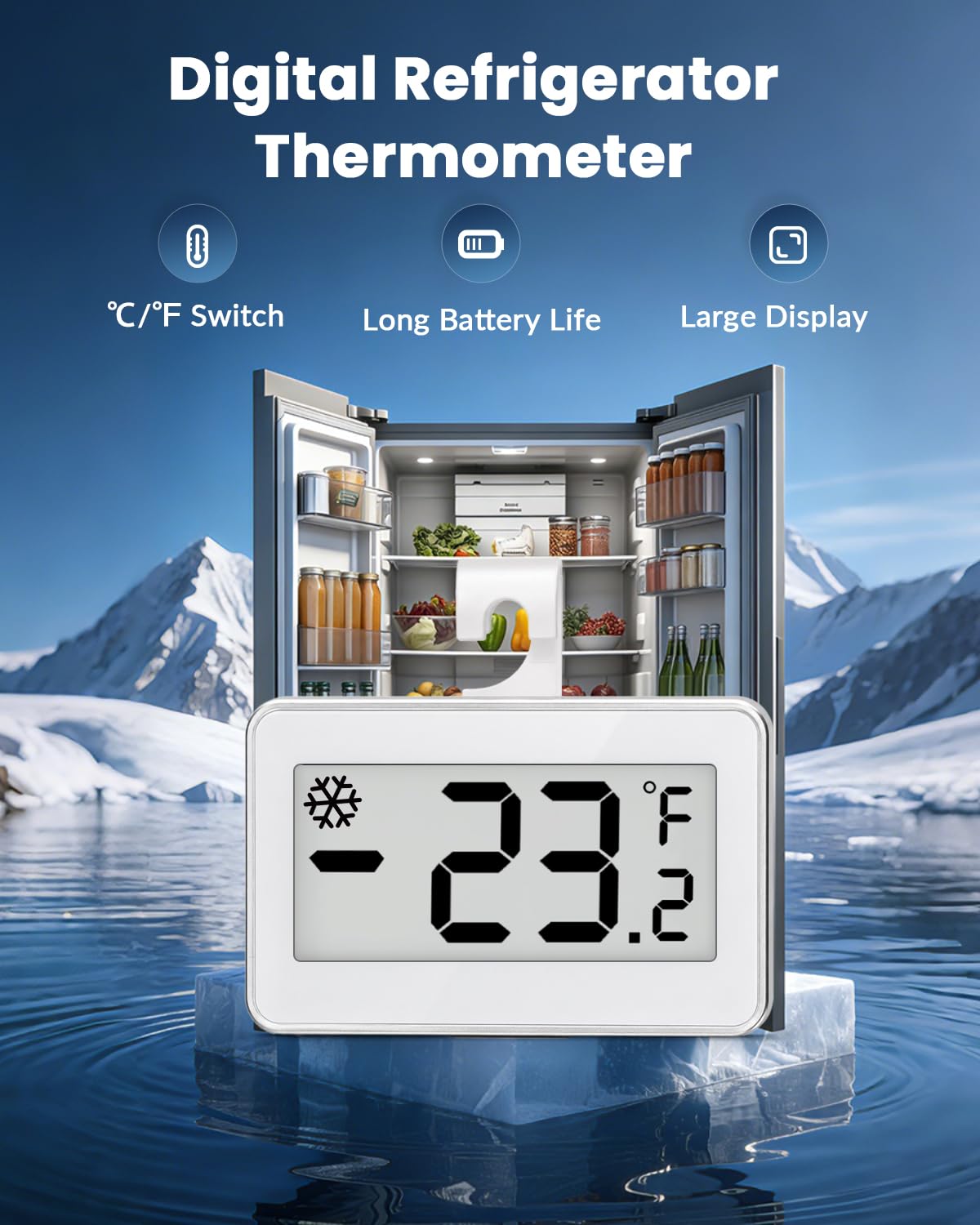 Refrigerator Thermometer Digital, Fridge Freezer Thermometer with Large LCD Display, Magnetic Freezer Temperature Gauge with ℃/℉ Switch for Kitchen, Home, Room, 3 Pack - White