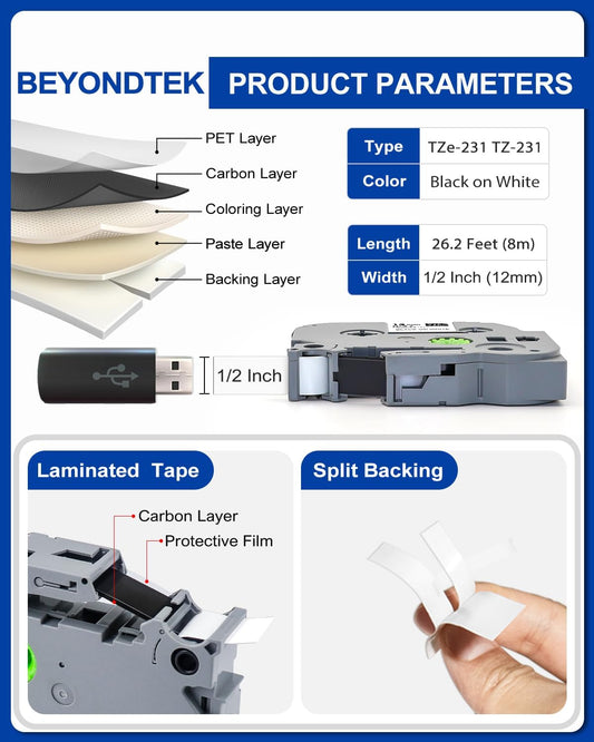 TZe-231 Work for Brother P Touch Label Maker Tape 12mm 0.47 Laminated White | Suitable for Household, Office, Studio, Commercial, School, Hospital use（Laminated Design Water-Resistant,Abrasion-Resistant）