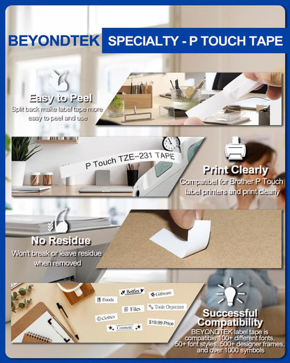 TZe-231 Work for Brother P Touch Label Maker Tape 12mm 0.47 Laminated White | Suitable for Household, Office, Studio, Commercial, School, Hospital use（Laminated Design Water-Resistant,Abrasion-Resistant）