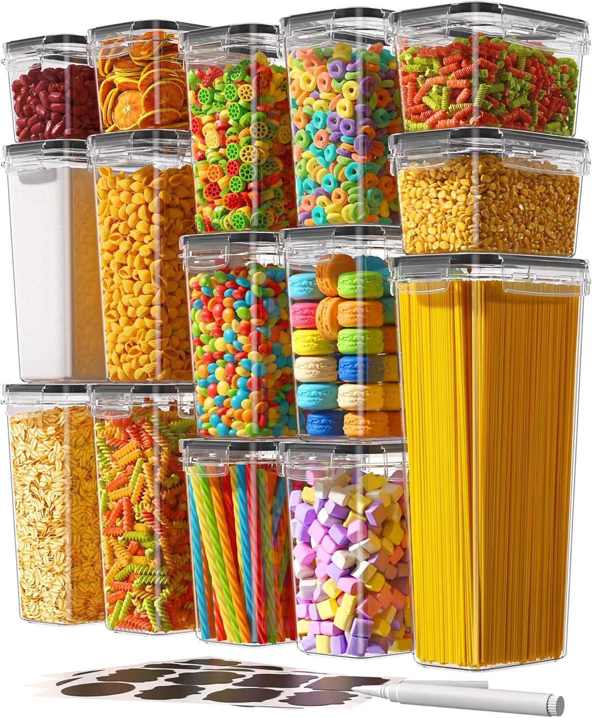Airtight Food Storage Containers with Lids, Kitchen and Pantry Organization Canisters, BPA-Free, PVC-Free, Food-grade Plastic Leak-proof Jars for Cereal, Flour, Sugar, Extra 24 Labels & Marker