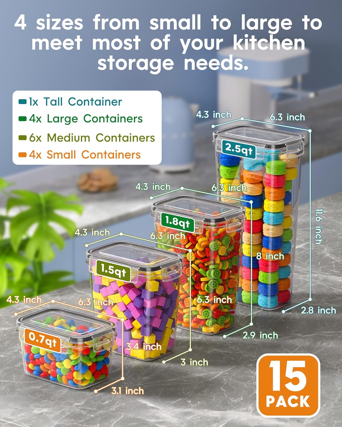 Airtight Food Storage Containers with Lids, Kitchen and Pantry Organization Canisters, BPA-Free, PVC-Free, Food-grade Plastic Leak-proof Jars for Cereal, Flour, Sugar, Extra 24 Labels & Marker