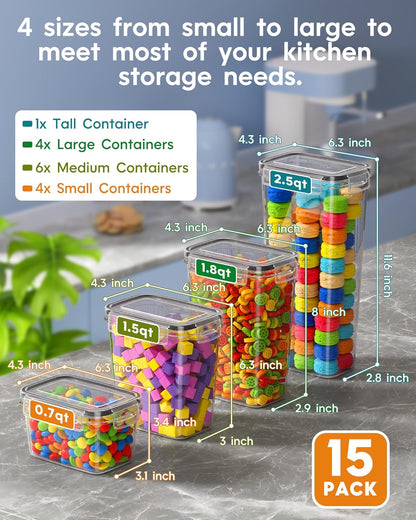 Airtight Food Storage Containers with Lids, Kitchen and Pantry Organization Canisters, BPA-Free, PVC-Free, Food-grade Plastic Leak-proof Jars for Cereal, Flour, Sugar, Extra 24 Labels & Marker