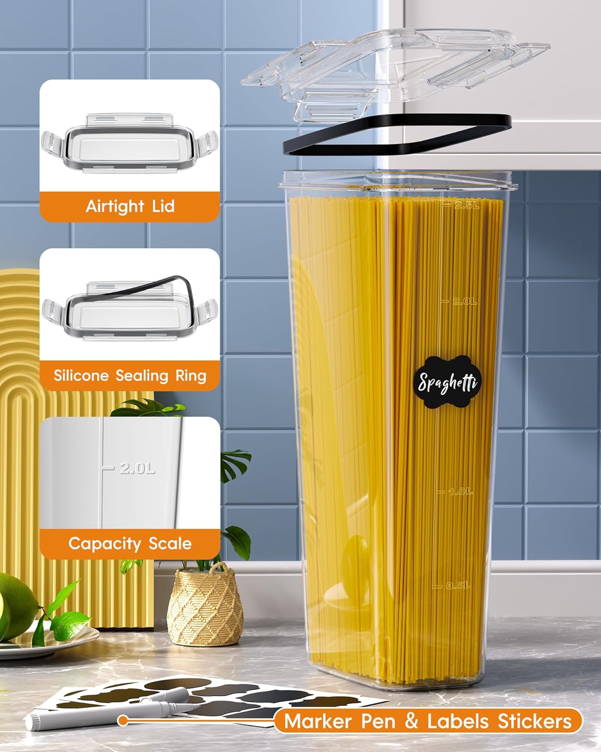 Airtight Food Storage Containers with Lids, Kitchen and Pantry Organization Canisters, BPA-Free, PVC-Free, Food-grade Plastic Leak-proof Jars for Cereal, Flour, Sugar, Extra 24 Labels & Marker
