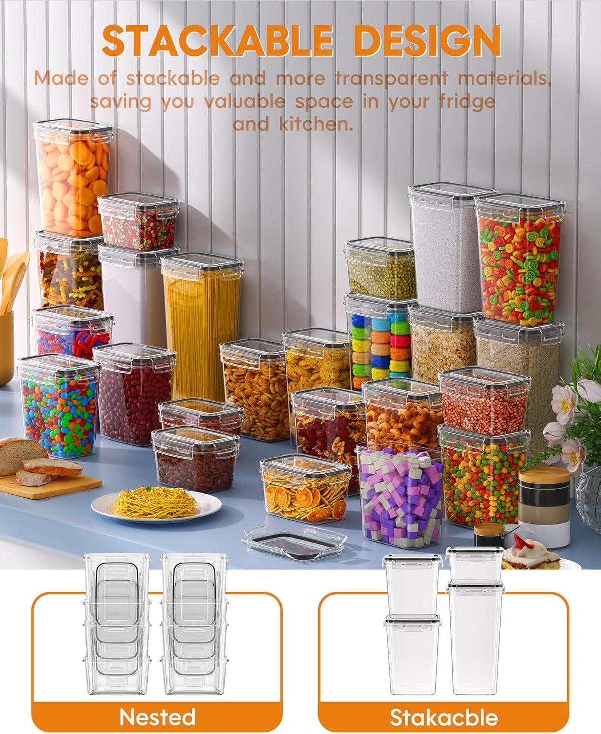 Airtight Food Storage Containers with Lids, Kitchen and Pantry Organization Canisters, BPA-Free, PVC-Free, Food-grade Plastic Leak-proof Jars for Cereal, Flour, Sugar, Extra 24 Labels & Marker