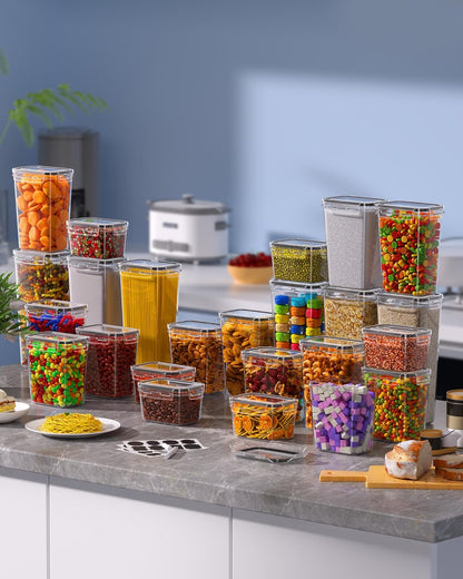 Airtight Food Storage Containers with Lids, Kitchen and Pantry Organization Canisters, BPA-Free, PVC-Free, Food-grade Plastic Leak-proof Jars for Cereal, Flour, Sugar, Extra 24 Labels & Marker