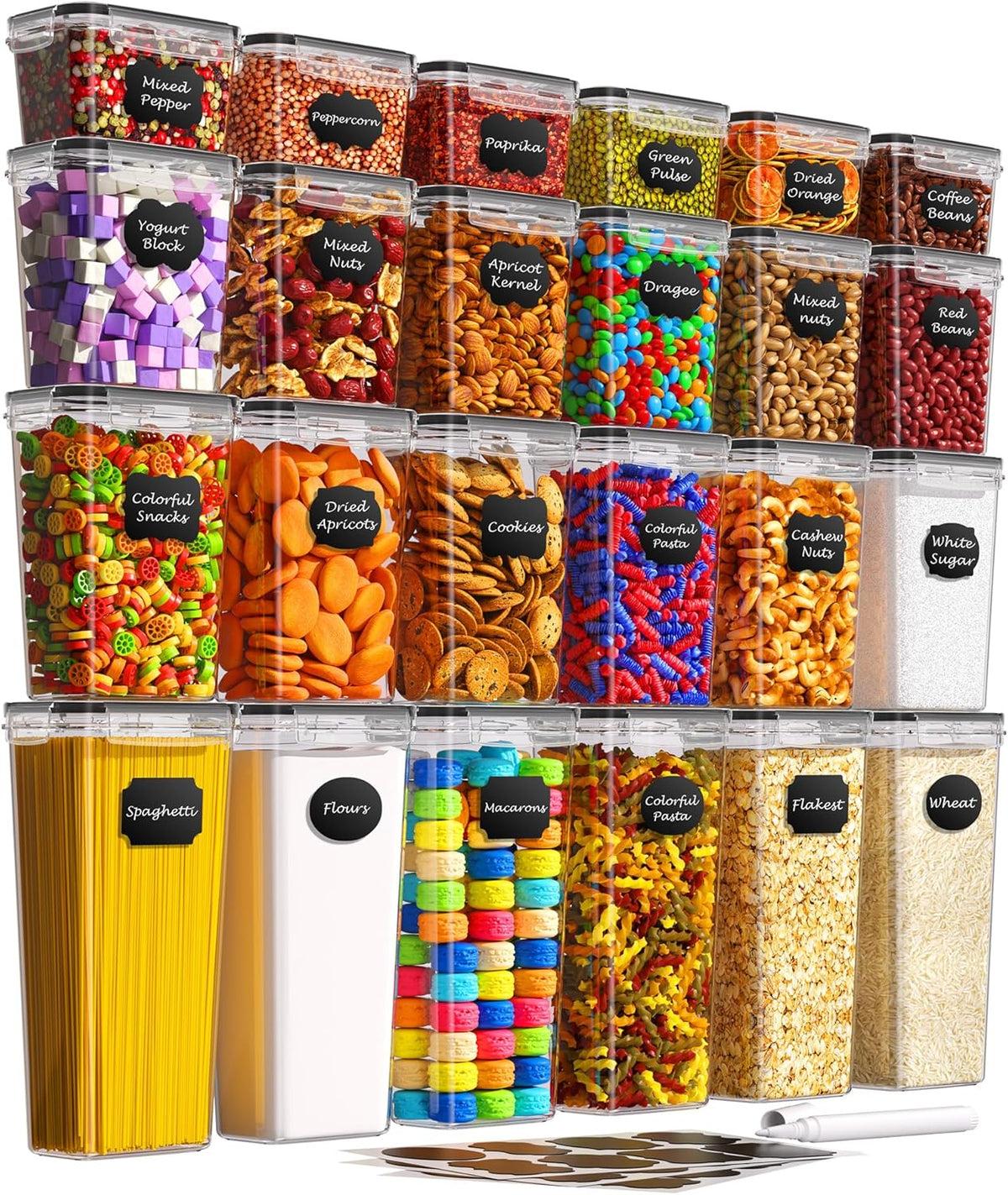 Airtight Food Storage Containers with Lids, Kitchen and Pantry Organization Canisters, BPA-Free, PVC-Free, Food-grade Plastic Leak-proof Jars for Cereal, Flour, Sugar, Extra 24 Labels & Marker