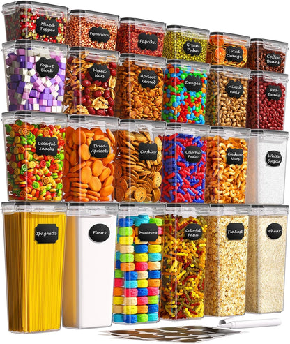 Airtight Food Storage Containers with Lids, Kitchen and Pantry Organization Canisters, BPA-Free, PVC-Free, Food-grade Plastic Leak-proof Jars for Cereal, Flour, Sugar, Extra 24 Labels & Marker