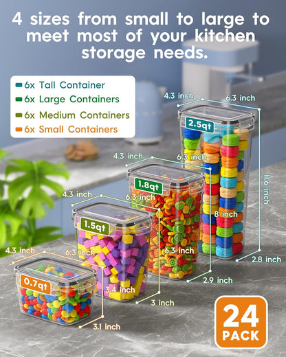 Airtight Food Storage Containers with Lids, Kitchen and Pantry Organization Canisters, BPA-Free, PVC-Free, Food-grade Plastic Leak-proof Jars for Cereal, Flour, Sugar, Extra 24 Labels & Marker