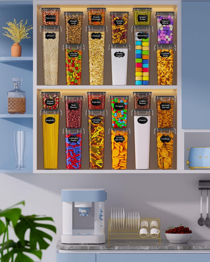Airtight Food Storage Containers with Lids, Kitchen and Pantry Organization Canisters, BPA-Free, PVC-Free, Food-grade Plastic Leak-proof Jars for Cereal, Flour, Sugar, Extra 24 Labels & Marker