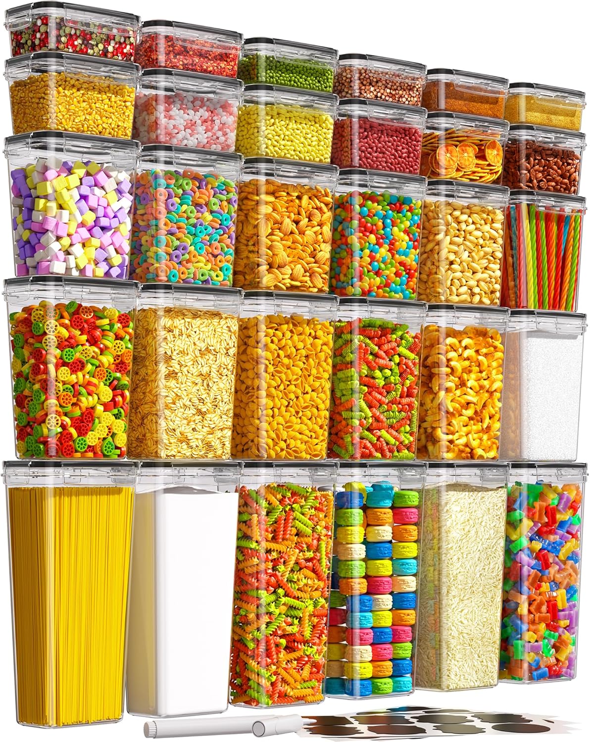 Airtight Food Storage Containers with Lids, Kitchen and Pantry Organization Canisters, BPA-Free, PVC-Free, Food-grade Plastic Leak-proof Jars for Cereal, Flour, Sugar, Extra 24 Labels & Marker