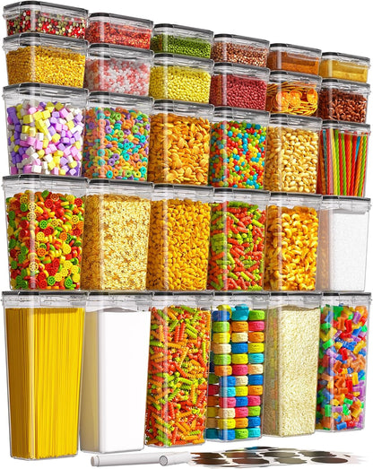 Airtight Food Storage Containers with Lids, Kitchen and Pantry Organization Canisters, BPA-Free, PVC-Free, Food-grade Plastic Leak-proof Jars for Cereal, Flour, Sugar, Extra 24 Labels & Marker