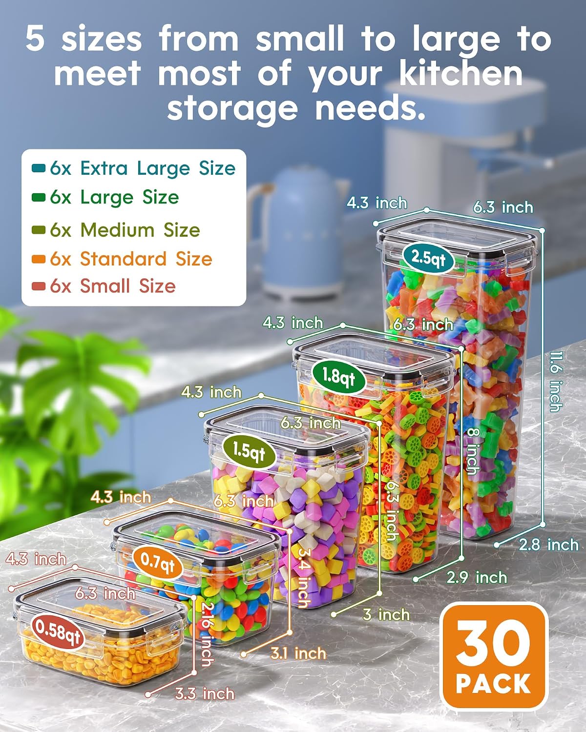 Airtight Food Storage Containers with Lids, Kitchen and Pantry Organization Canisters, BPA-Free, PVC-Free, Food-grade Plastic Leak-proof Jars for Cereal, Flour, Sugar, Extra 24 Labels & Marker