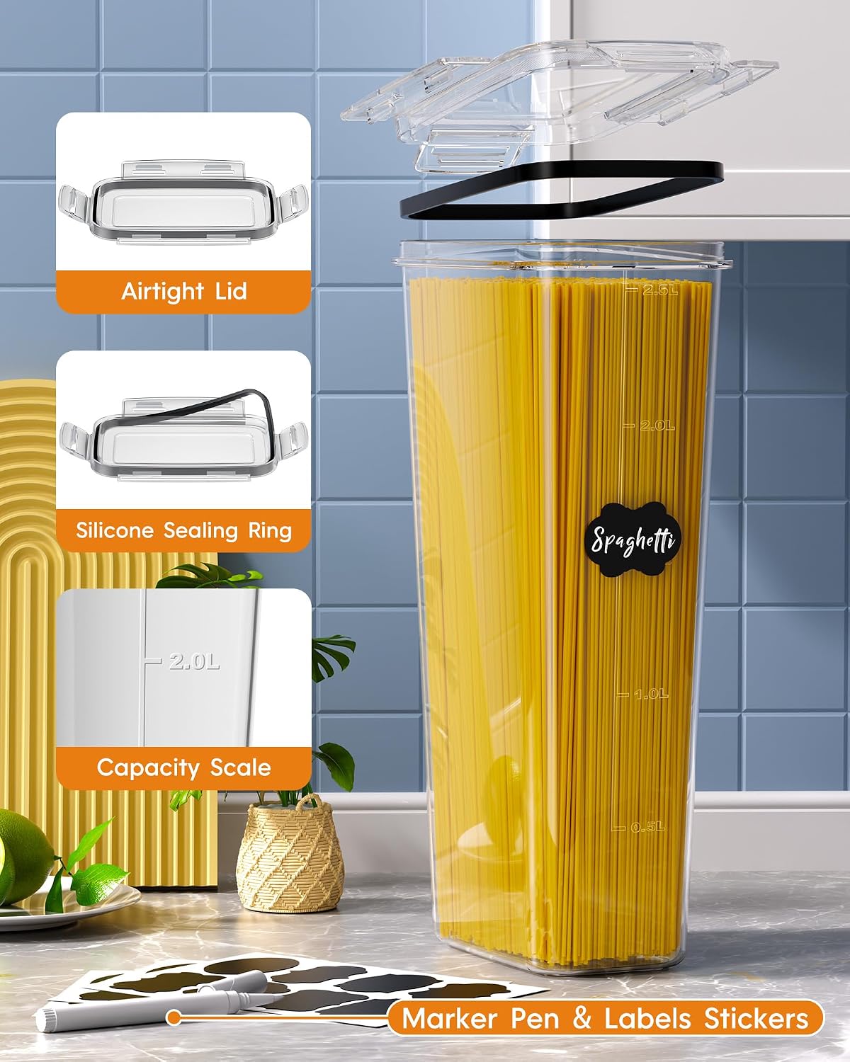Airtight Food Storage Containers with Lids, Kitchen and Pantry Organization Canisters, BPA-Free, PVC-Free, Food-grade Plastic Leak-proof Jars for Cereal, Flour, Sugar, Extra 24 Labels & Marker