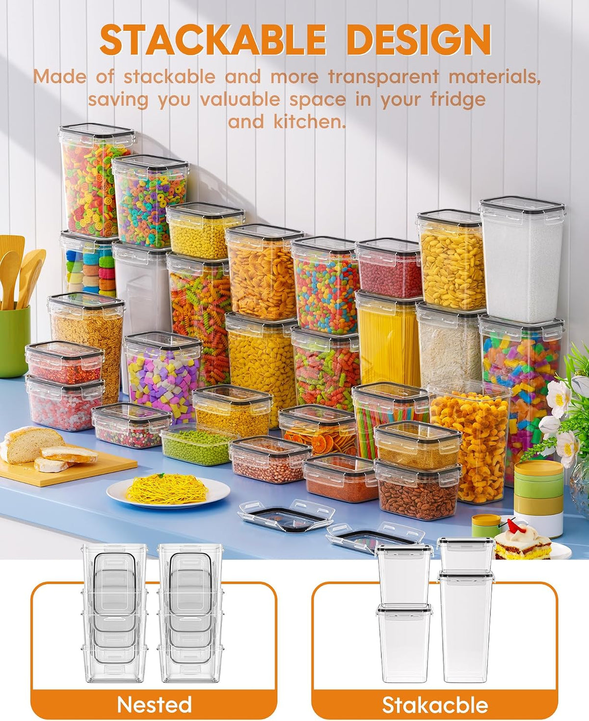 Airtight Food Storage Containers with Lids, Kitchen and Pantry Organization Canisters, BPA-Free, PVC-Free, Food-grade Plastic Leak-proof Jars for Cereal, Flour, Sugar, Extra 24 Labels & Marker