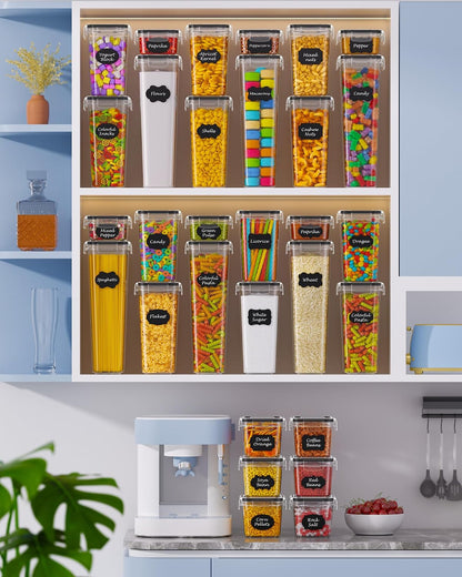 Airtight Food Storage Containers with Lids, Kitchen and Pantry Organization Canisters, BPA-Free, PVC-Free, Food-grade Plastic Leak-proof Jars for Cereal, Flour, Sugar, Extra 24 Labels & Marker
