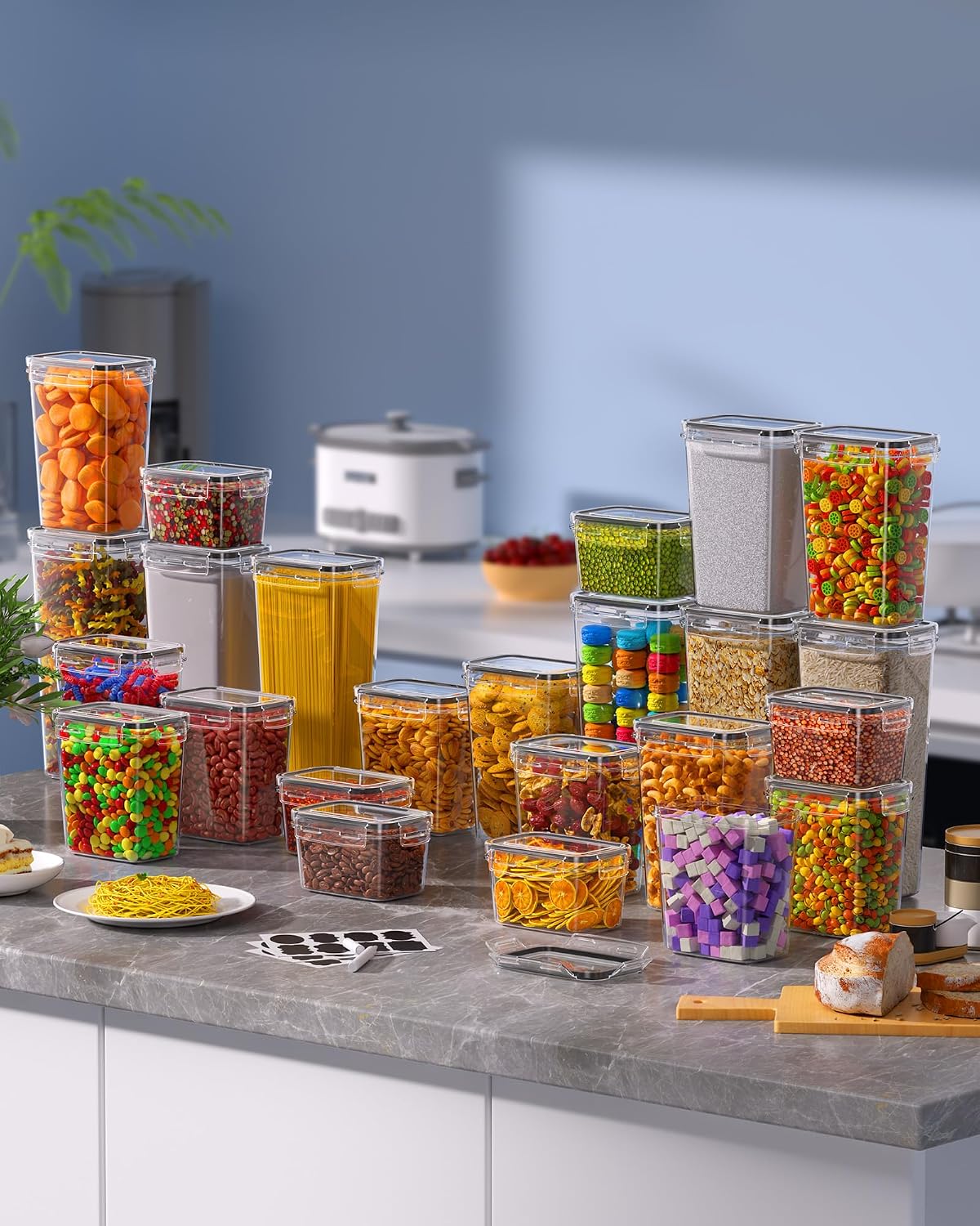 Airtight Food Storage Containers with Lids, Kitchen and Pantry Organization Canisters, BPA-Free, PVC-Free, Food-grade Plastic Leak-proof Jars for Cereal, Flour, Sugar, Extra 24 Labels & Marker