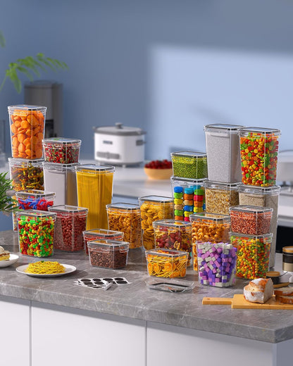 Airtight Food Storage Containers with Lids, Kitchen and Pantry Organization Canisters, BPA-Free, PVC-Free, Food-grade Plastic Leak-proof Jars for Cereal, Flour, Sugar, Extra 24 Labels & Marker