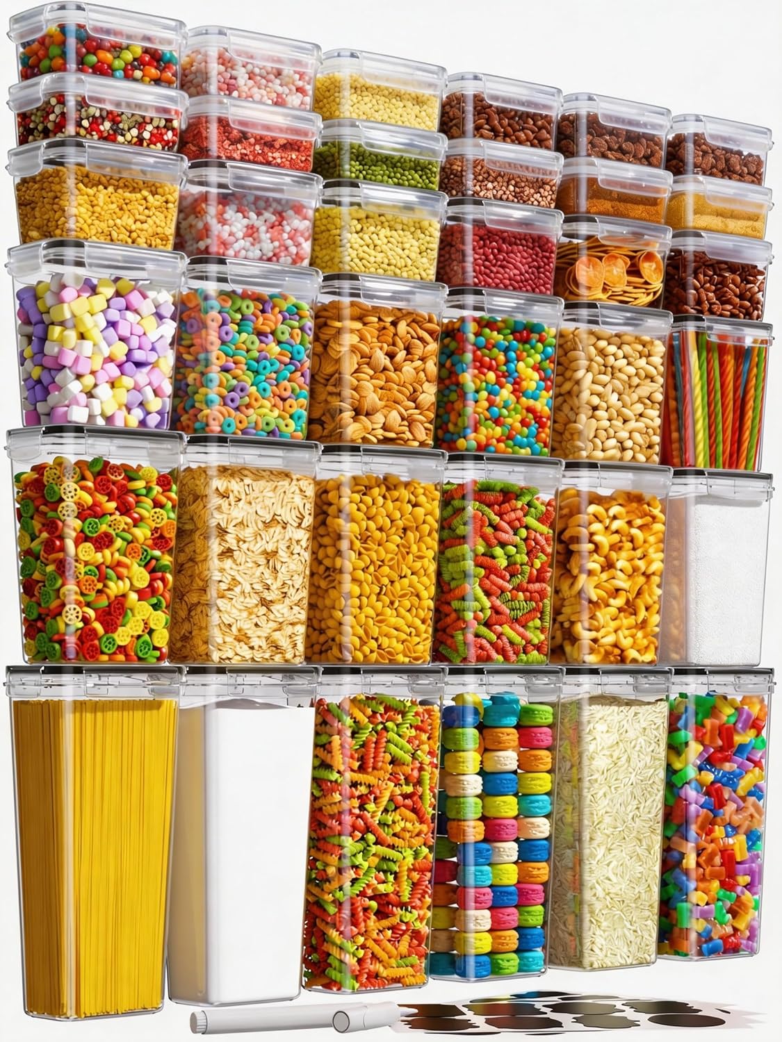 Airtight Food Storage Containers with Lids, Kitchen and Pantry Organization Canisters, BPA-Free, PVC-Free, Food-grade Plastic Leak-proof Jars for Cereal, Flour, Sugar, Extra 24 Labels & Marker
