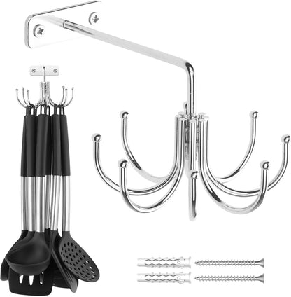 Kitchen Cooking Utensil Holder, 360° Rotating Kitchen Hooks for Hanging Utensils, Heavy Duty Metal Utensil Rack with 8 Storage Capacity for Utensil, Towel, Pot, Glove, Aprons, Silver