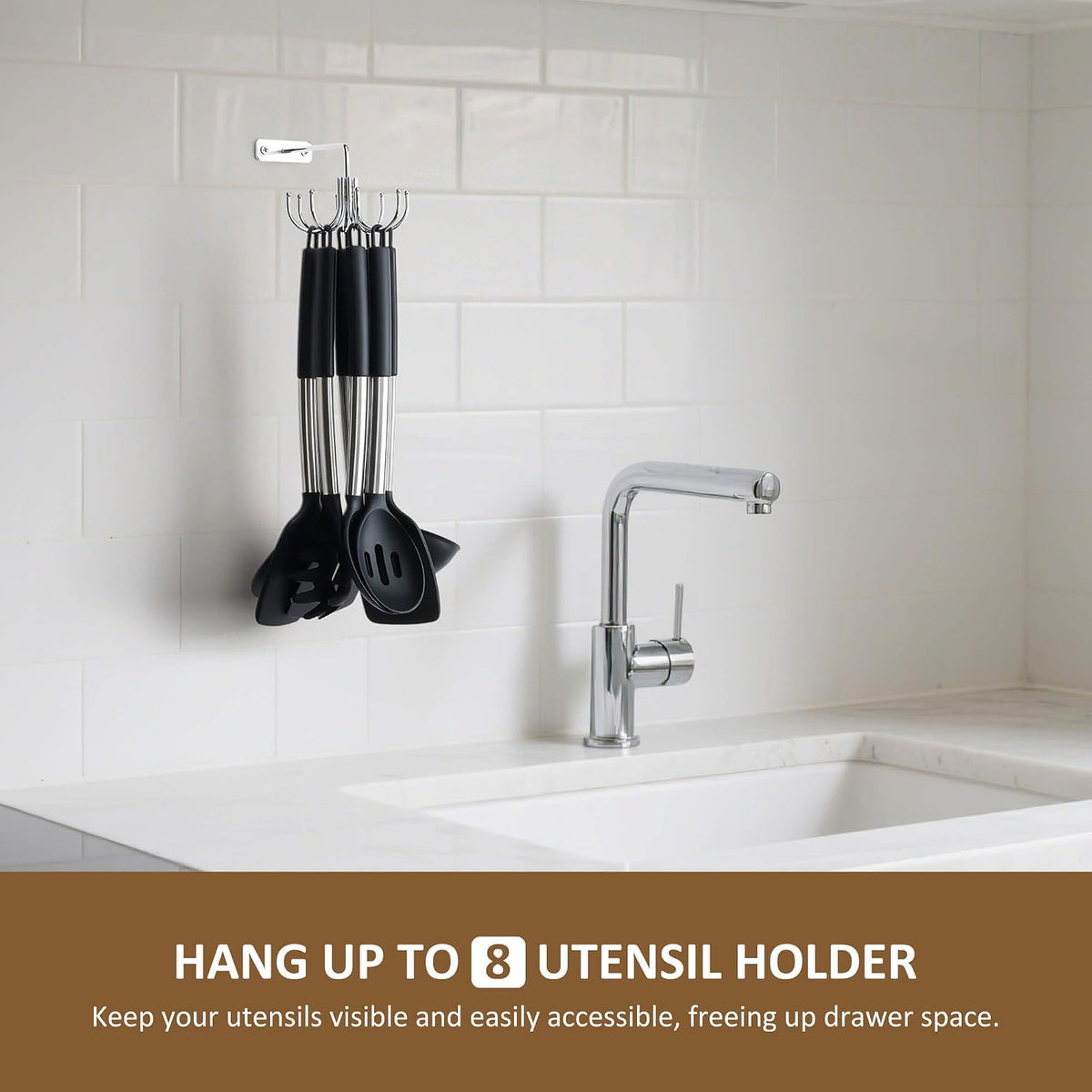 Kitchen Cooking Utensil Holder, 360° Rotating Kitchen Hooks for Hanging Utensils, Heavy Duty Metal Utensil Rack with 8 Storage Capacity for Utensil, Towel, Pot, Glove, Aprons, Silver