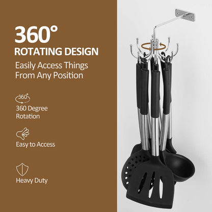 Kitchen Cooking Utensil Holder, 360° Rotating Kitchen Hooks for Hanging Utensils, Heavy Duty Metal Utensil Rack with 8 Storage Capacity for Utensil, Towel, Pot, Glove, Aprons, Silver
