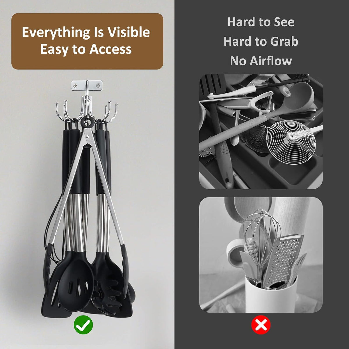 Kitchen Cooking Utensil Holder, 360° Rotating Kitchen Hooks for Hanging Utensils, Heavy Duty Metal Utensil Rack with 8 Storage Capacity for Utensil, Towel, Pot, Glove, Aprons, Silver