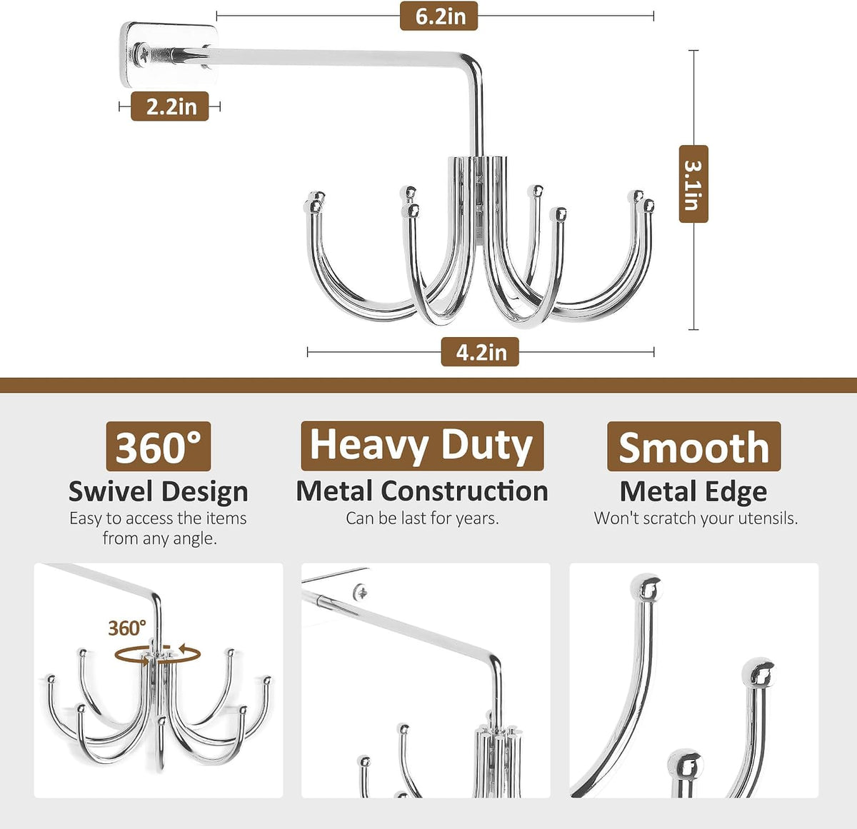 Kitchen Cooking Utensil Holder, 360° Rotating Kitchen Hooks for Hanging Utensils, Heavy Duty Metal Utensil Rack with 8 Storage Capacity for Utensil, Towel, Pot, Glove, Aprons, Silver