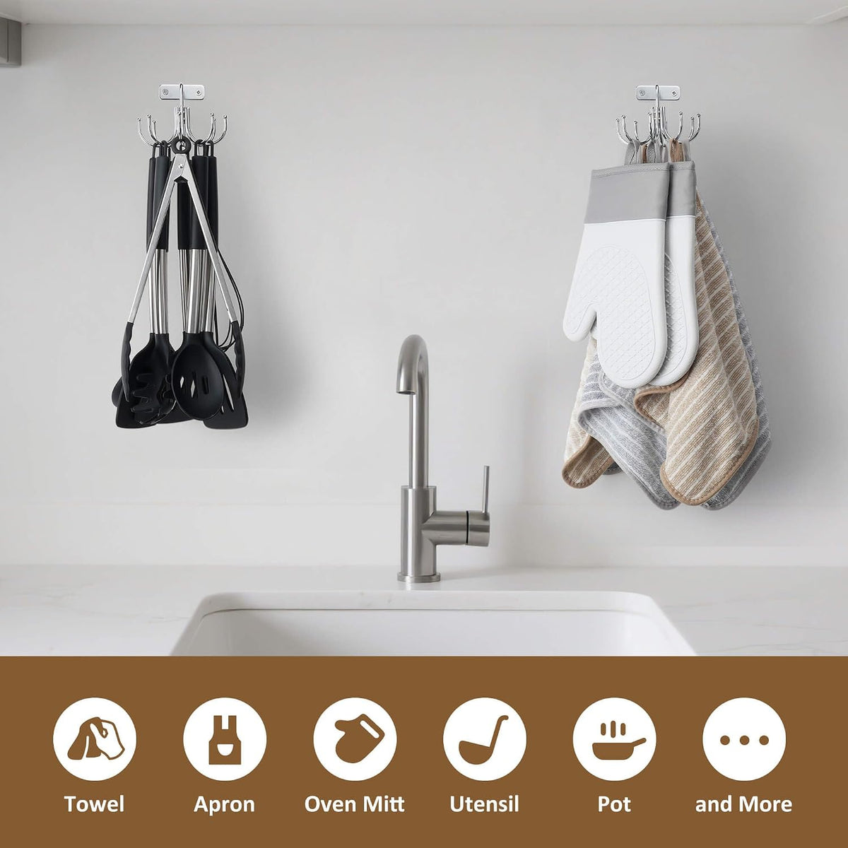 Kitchen Cooking Utensil Holder, 360° Rotating Kitchen Hooks for Hanging Utensils, Heavy Duty Metal Utensil Rack with 8 Storage Capacity for Utensil, Towel, Pot, Glove, Aprons, Silver