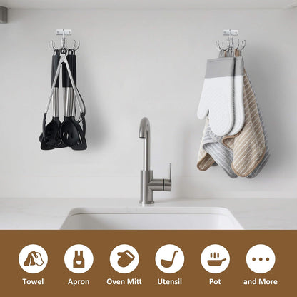 Kitchen Cooking Utensil Holder, 360° Rotating Kitchen Hooks for Hanging Utensils, Heavy Duty Metal Utensil Rack with 8 Storage Capacity for Utensil, Towel, Pot, Glove, Aprons, Silver
