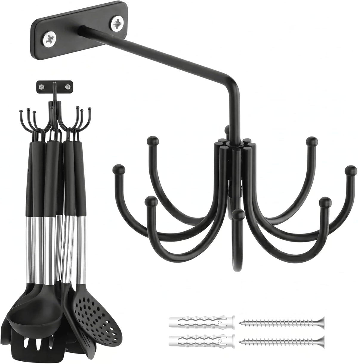 Kitchen Cooking Utensil Holder, 360° Rotating Kitchen Hooks for Hanging Utensils, Heavy Duty Metal Utensil Rack with 8 Storage Capacity for Utensil, Towel, Pot, Glove, Aprons, Silver