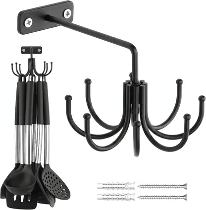 Kitchen Cooking Utensil Holder, 360° Rotating Kitchen Hooks for Hanging Utensils, Heavy Duty Metal Utensil Rack with 8 Storage Capacity for Utensil, Towel, Pot, Glove, Aprons, Silver
