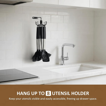 Kitchen Cooking Utensil Holder, 360° Rotating Kitchen Hooks for Hanging Utensils, Heavy Duty Metal Utensil Rack with 8 Storage Capacity for Utensil, Towel, Pot, Glove, Aprons, Silver