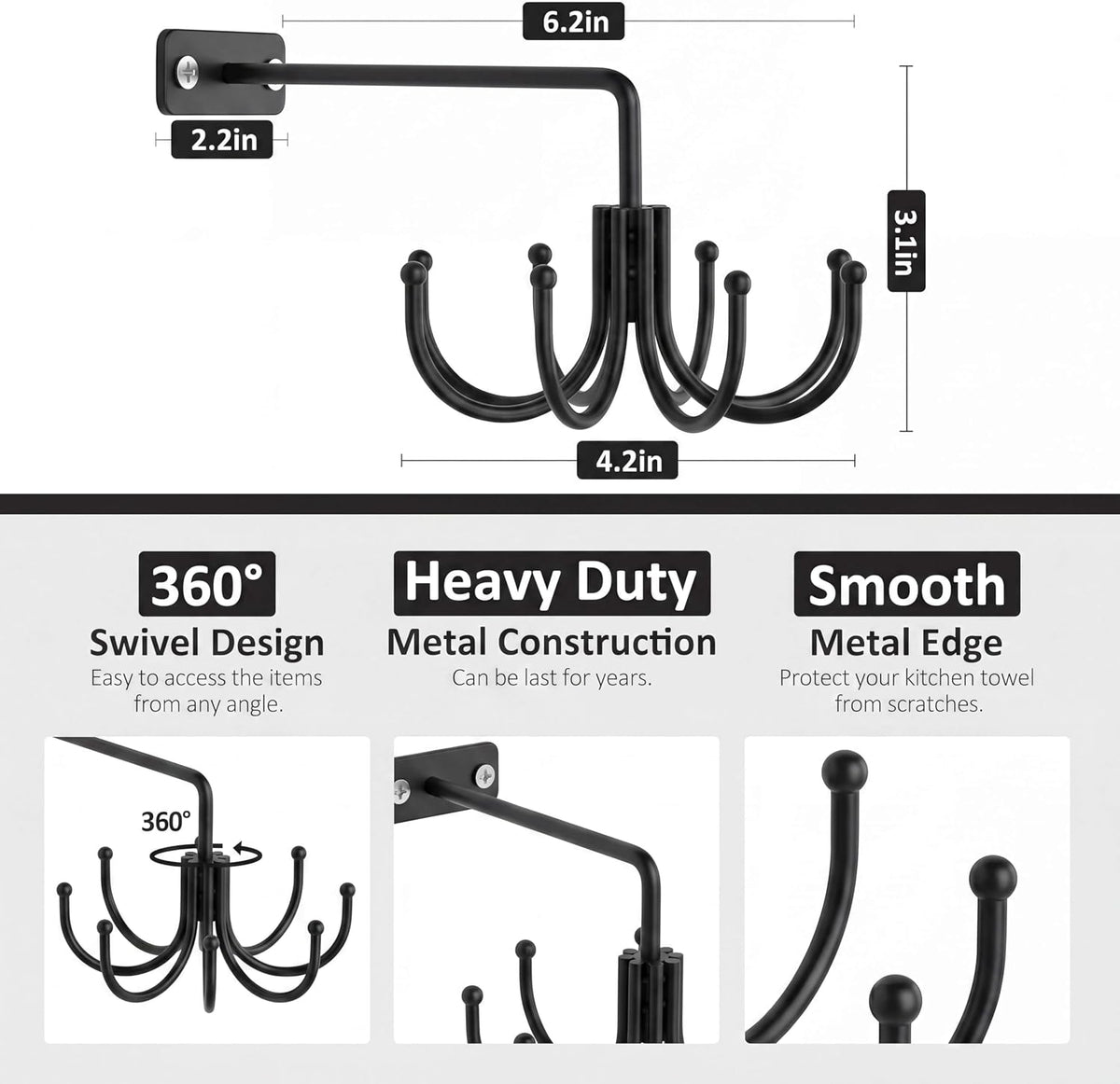 Kitchen Cooking Utensil Holder, 360° Rotating Kitchen Hooks for Hanging Utensils, Heavy Duty Metal Utensil Rack with 8 Storage Capacity for Utensil, Towel, Pot, Glove, Aprons, Silver