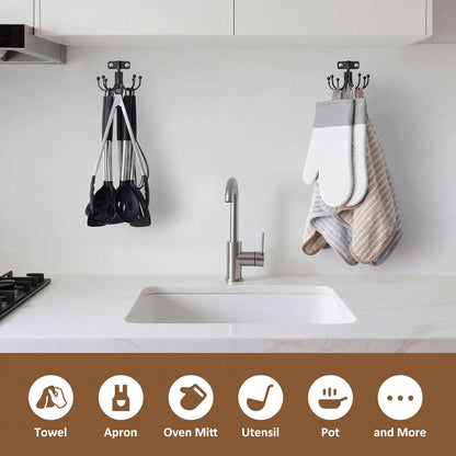 Kitchen Cooking Utensil Holder, 360° Rotating Kitchen Hooks for Hanging Utensils, Heavy Duty Metal Utensil Rack with 8 Storage Capacity for Utensil, Towel, Pot, Glove, Aprons, Silver