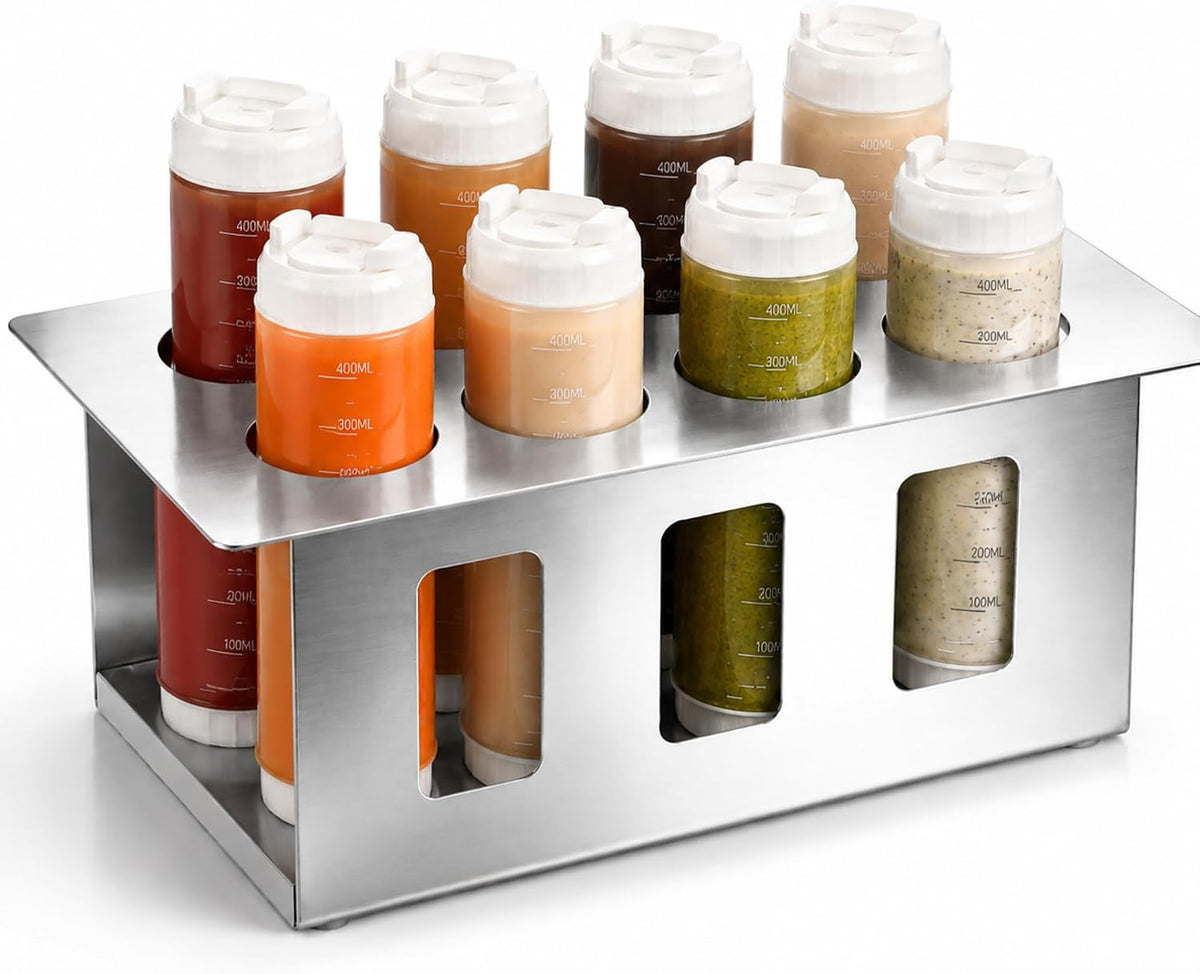 Wesiti Squeeze Bottle Holder with 8 Inverted Condiment Bottles Stainless Steel Sauce Organizer Rack with 2.64 Inch Openings for Restaurant Prep Station Commercial Kitchen Food Truck and BBQ