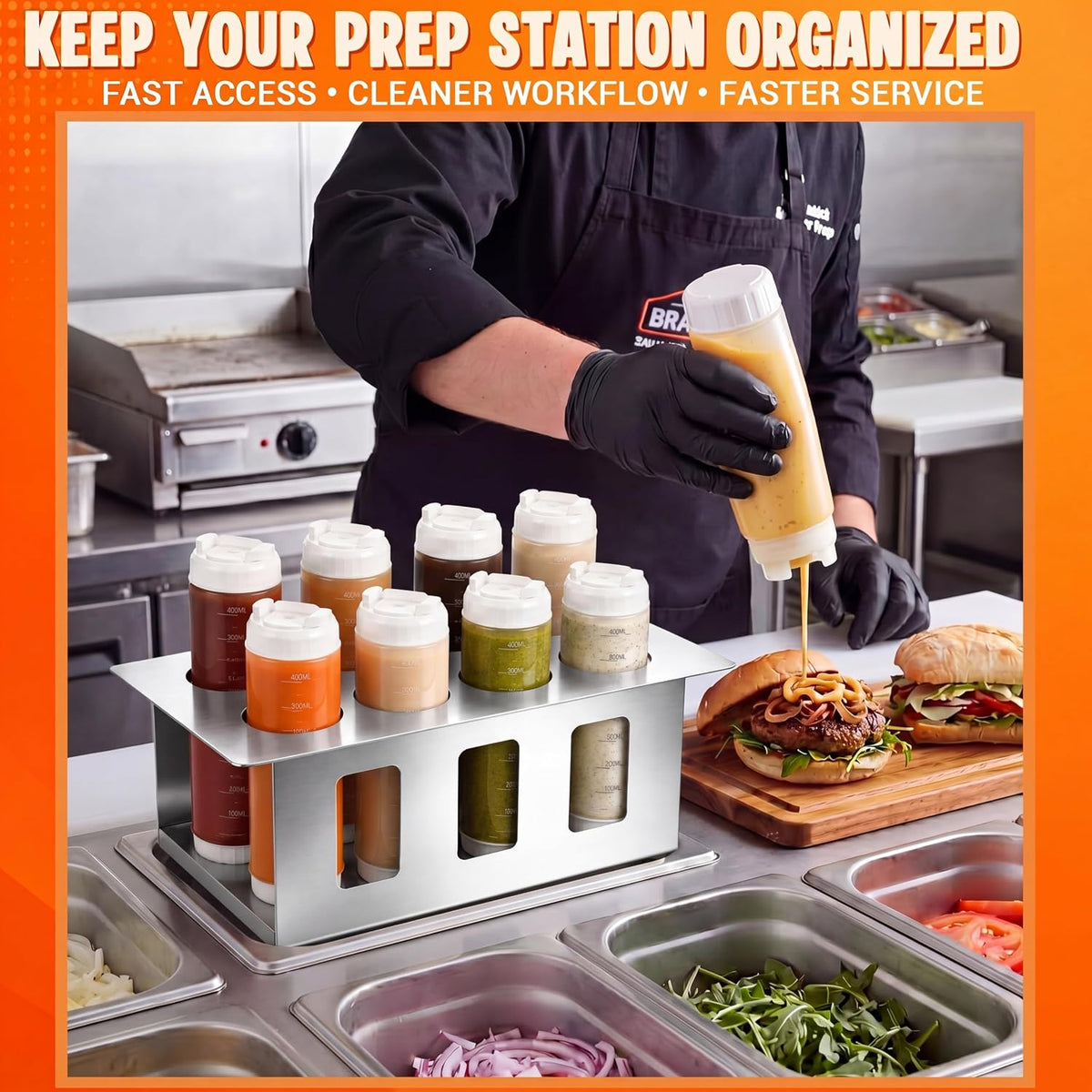 Wesiti Squeeze Bottle Holder with 8 Inverted Condiment Bottles Stainless Steel Sauce Organizer Rack with 2.64 Inch Openings for Restaurant Prep Station Commercial Kitchen Food Truck and BBQ