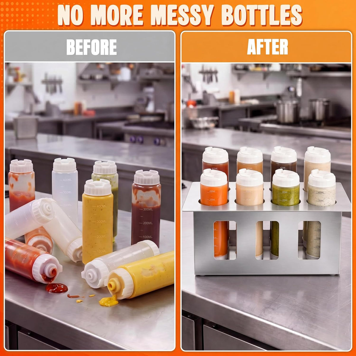 Wesiti Squeeze Bottle Holder with 8 Inverted Condiment Bottles Stainless Steel Sauce Organizer Rack with 2.64 Inch Openings for Restaurant Prep Station Commercial Kitchen Food Truck and BBQ