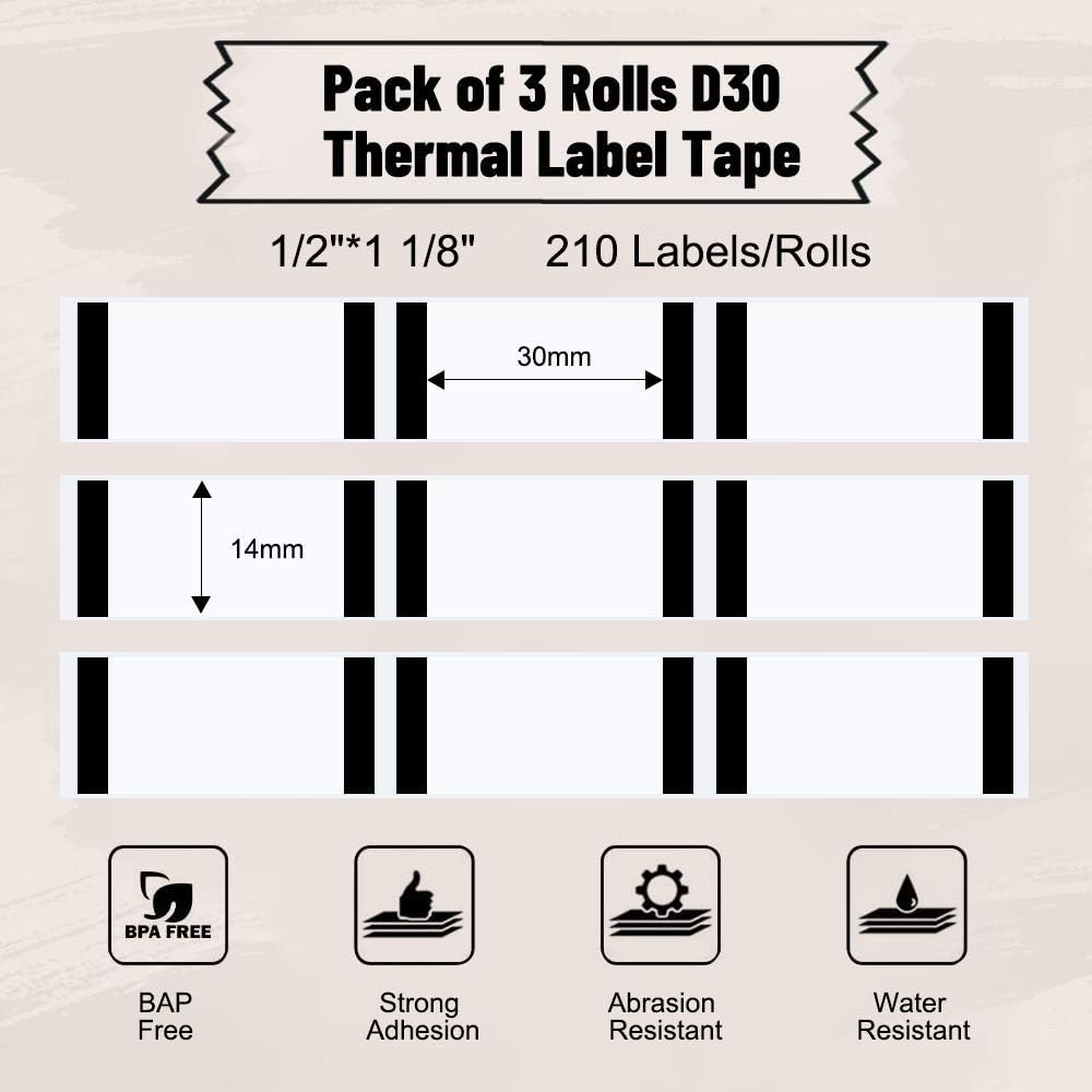 D30 Label Tape, Black on Transparent Clear Sticker Thermal Paper | for D30 D35 Q30 Q30S Label Maker, Self-Adhesive Label Maker Tape, 14mm x 30mm (0.55 x 1.18 Inch) 210 Labels/Roll, 3-Roll